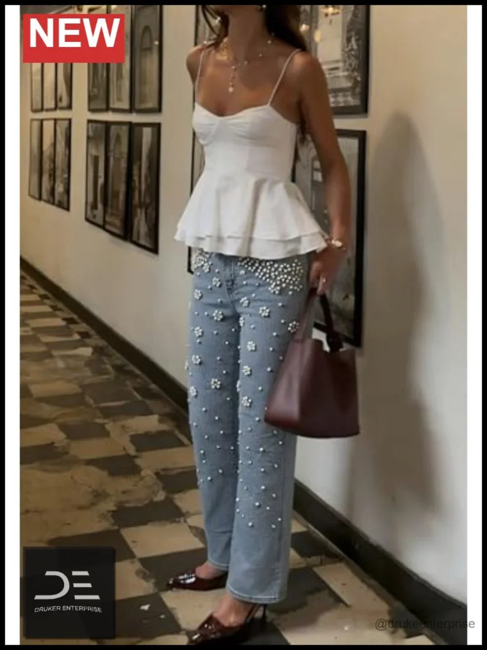 High Rise Wide Leg Pearl Rhinestone Floral Jeans Stretch Denim Women